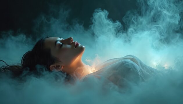 Woman lies in dreamy smoke. Psychic portrait evokes astral projection, transcendence. Mystical girl in trance. Spiritual, esoteric themes. Hypnosis, paranormal concepts, mystery, afterlife,