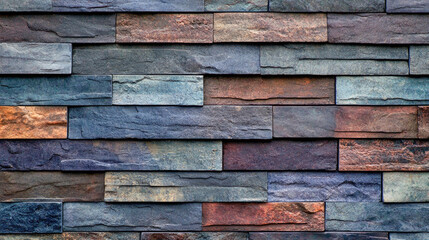 Multicolored slate wall texture with diverse brick patterns