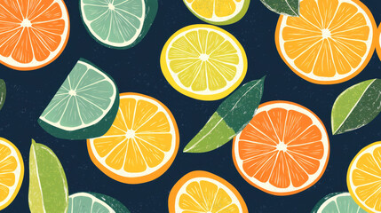 Vibrant citrus pattern with orange, lemon, and lime slices on dark background