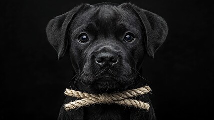 Fototapeta premium Black Dog for Rope Collar, Dark Background.
