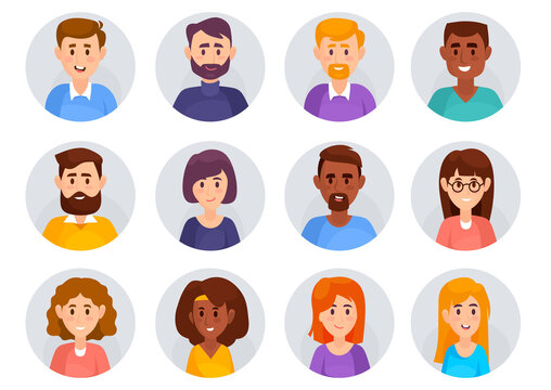 Diverse people avatar collection with men and women of different ages and ethnicities. Cartoon vector user profile icons set for social media, apps, websites, communities and UI design.