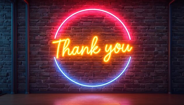 Circle-framed neon sign reads Thank on brick wall. Multi-colored luminous signboard glowing, vibrant colors. Gratitude, appreciation message for clients, spectators. Cheerful glowing, bright signage,