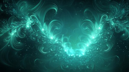 deep teal and cyan abstract background with floating waveforms and glowing highlights, futuristic and elegant, artistic and vibrant design