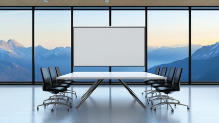 Modern conference room with a glass table and mountain views, ideal for meetings and presentations