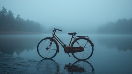 Fototapeta premium Vintage bike by a misty lake