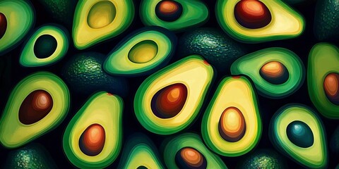 Vibrant Avocado Composition Oil Painting Style, Close-up Fruit Pattern, Green and Brown Hues, Avocado Art, Food Illustration Avocado, Fruit