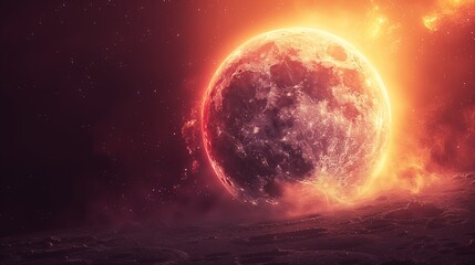 A breathtaking view of a glowing fiery planet with a crimson surface floating in a dark cosmic space filled with stars and swirling clouds