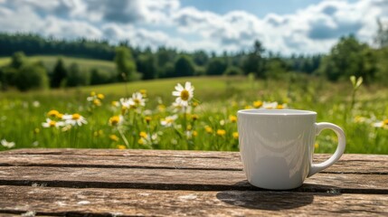 Enjoying an early morning coffee in nature surrounded by wildflowers and a serene landscape