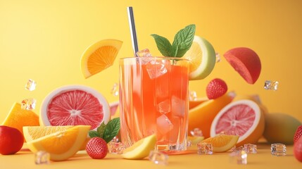 Refreshing Tropical Drink with Citrus Fruits and Ice on Bright Orange Background