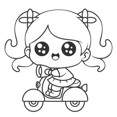 Long hair girl riding scooter, for coloring