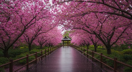 Walking Path Through Blossoming Cherry Trees Leading to Gazebo Spring