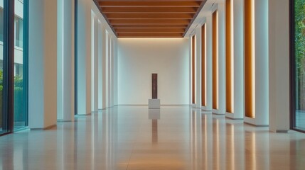 Fototapeta premium Modern art gallery interior showcasing a minimalist sculpture with natural light illuminating the space