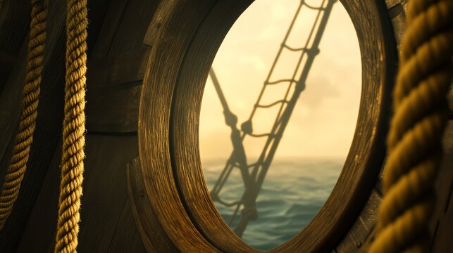 A serene view through a ship's porthole, showcasing a sailor climbing the rigging at sunset - Powered by Adobe