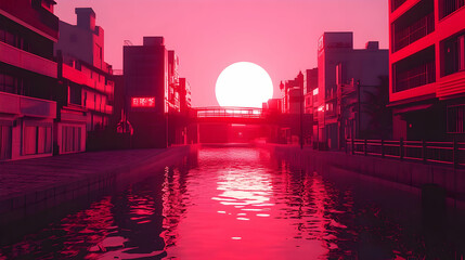 Fototapeta premium Pixel Art City Canal Sunset: Pink and Red Buildings Reflecting in Water