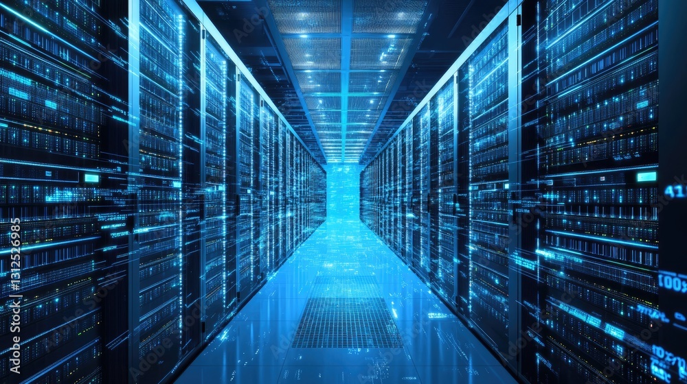 Poster A futuristic data center with glowing blue server racks extending into the distance, symbolizing cloud computing, cybersecurity, and digital technology. Ideal for IT, networking, and high-tech themes