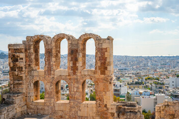 The Roman theater of Odeon of Herodes Atticus in the foreground and the Filopappou Hill in the...