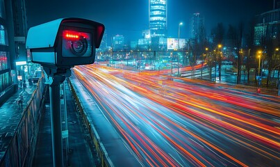 Surveillance camera overseeing fast city traffic in the night, long exposure