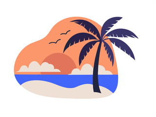 Stylized tropical beach scene with palm tree, ocean, and sunset in pastel colors