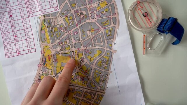 Top view of showing sprint training route choices of an orienteering course in a map and analyzing the results with a compass next to the map.