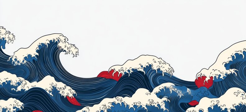 Stylized Japanese Wave Composition Blue, Red, Cream Color Palette, Ocean Wave Art, Hokusai Inspired, Digital Illustration Japanese wave, ocean art