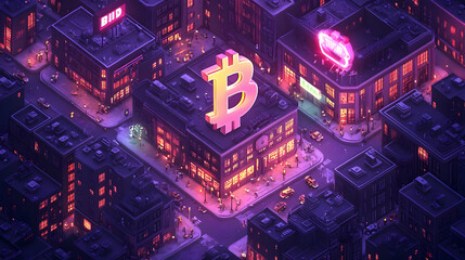 Fototapeta premium Pixel Art Cityscape at Night with Glowing Bitcoin Sign