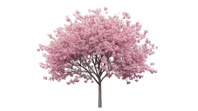 Blooming pink cherry blossom tree isolated on transparent background