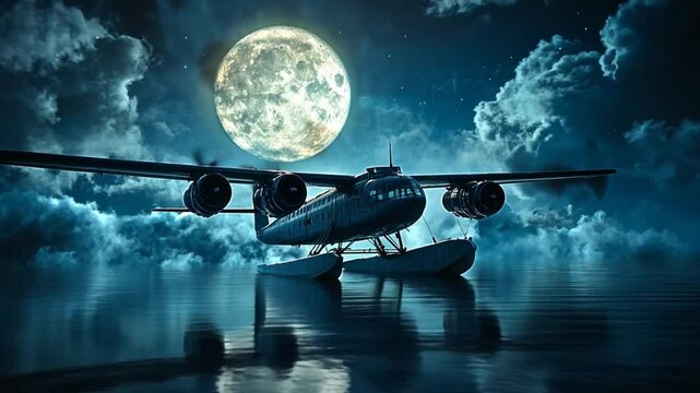 Mystical rendezvous vintage seaplane glides through calm ocean waters bathed in the ethereal glow of a giant moon on a cloudy night sky