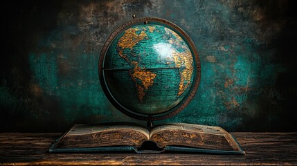 Antique Globe on Open Book, Dark Background