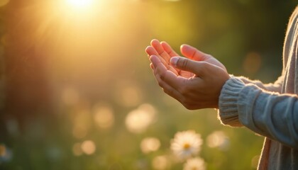 Person holds hands up in sunlight, blurred grass background. Concept of peace, serenity, moment of meditation or prayer, belief in goodness. Faith in future, hope, inspiration, gratitude, holy spirit.