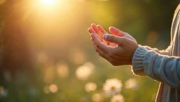 Person holds hands up in sunlight, blurred grass background. Concept of peace, serenity, moment of meditation or prayer, belief in goodness. Faith in future, hope, inspiration, gratitude, holy spirit.