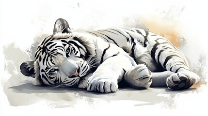 Naklejka premium Resting White Tiger Digital Painting, Realistic Style, Wildlife Concept, White Tiger Art White Tiger, Digital Art