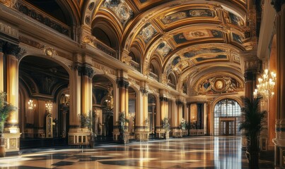 Grand hall with ornate architecture and classical artwork.