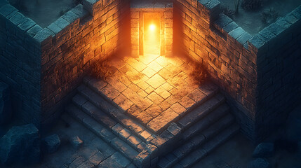 A mysterious ancient stone entrance glowing with warm light, hidden within the ruins of an old fortress