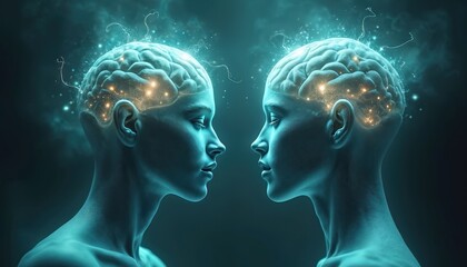 Fototapeta premium Conceptual illustration of two people facing with brain activity, glowing connections. Thought exchange, mind control, telepathy, communication, influence, telekinetic power, empathy, psychic