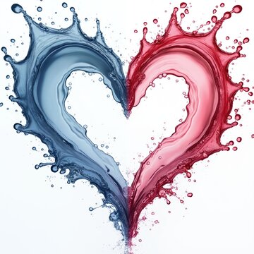 Artistic representation of heart symbol made of water splash. Blue, red liquid halves join in love concept. Vibrant colors on white background. Dynamic water motion with fluid shapes and connections.