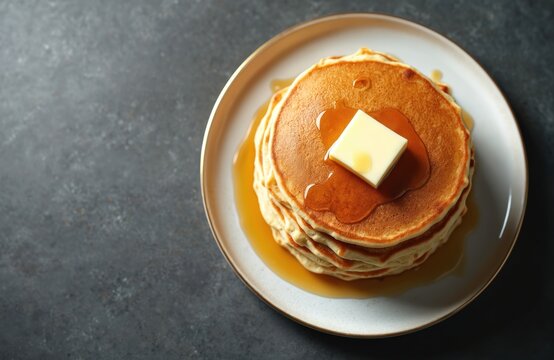 Top view of pancake stack served with butter, maple syrup on plate. Sweet golden brown, fluffy battercake dessert, homemade treat, comfort food, fresh. Dark background with copy space for text.