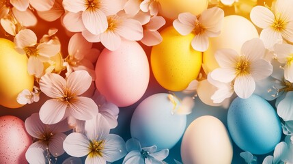 Colorful Easter Eggs Surrounded by Delicate Flowers in Soft Pastel Tones for Spring Celebration and Holiday Decor