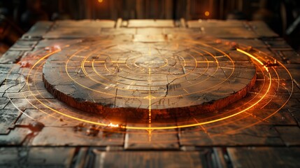 A glowing orange rune circle etched into a weathered stone platform in a dark high-tech futuristic environment