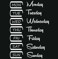  Days of the week,Monday,Tuesday,Wednesday,Thursday,Friday,Saturday,Sunday vector icon