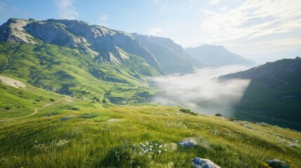 Naklejka premium Mountain valley view, misty morning, lush green hills