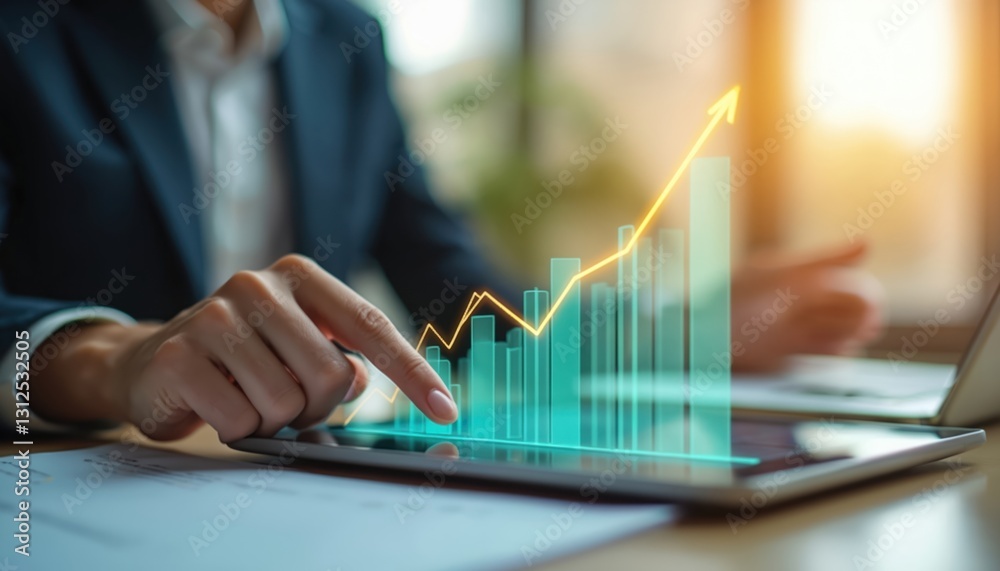 Poster Close-up of business analyst pointing at growth chart on tablet. Financial analysis data shown on diagram. Corporate worker analyzes market trends, investment data, success rates, planning budget.