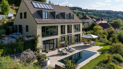 Fototapeta premium Modern House with Pool, Natural Stone Walls, and Spacious Terrace