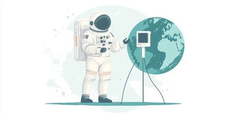 Astronaut communicating with Earth using space radio in 