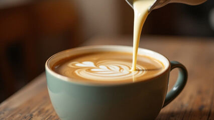 Hot latte being poured into a mug on a wooden table.