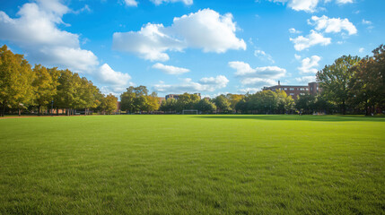 Obraz premium University Campus Outdoor Sports Area with Vast Green Field, Perfect for Games, Tournaments, or Gatherings, Offering Ample Space for Text or Visual Elements
