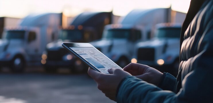 Truck driver navigating logistics with tablet near parked semi trucks, digital workflow concept
