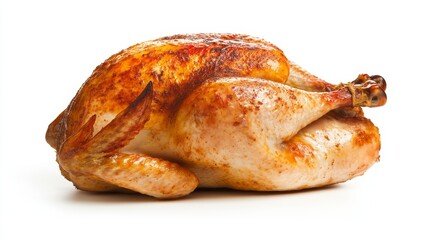 Whole roasted turkey with crispy skin ready for festive dinner celebration on plain white background
