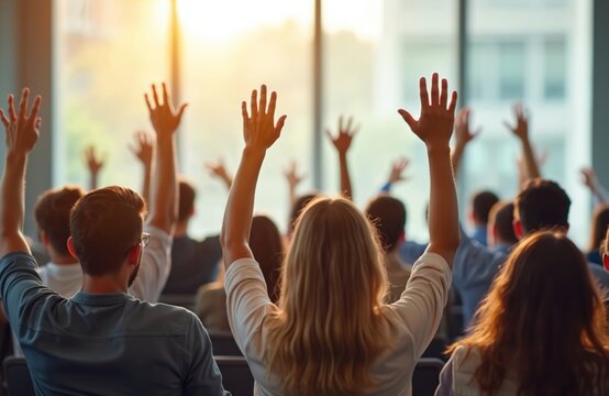 Back view audience with raised arms attends seminar. Group of anonymous people raising hands up indoors at summit, event. Students vote in classroom. Concept of unity, support, team effort, election,