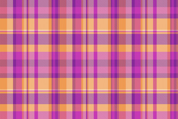 Purity background pattern tartan, cotton texture plaid fabric. Shabby check vector textile seamless in purple and orange colors.