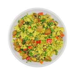 Colorful vegetable stir-fry with scrambled eggs presented in a white bowl on a plain background